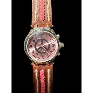 Peace Brand Women's Pink Dial Peace Sign Brown Leather Sequin Beaded Wristwatch